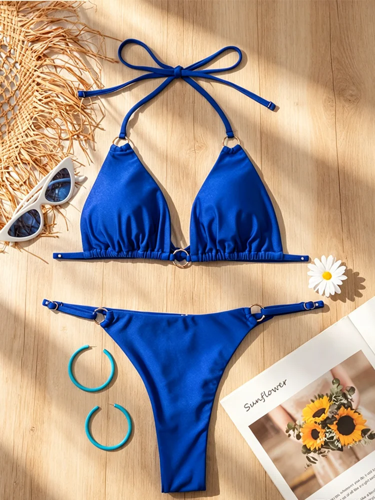 Rinade Blue Bikinis Dreieck-Badeanzug Bandage-Bikini Neckholder-Bademode String-Badeanzüge Low-Waist-Badeanzug Zweiteilige Strandkleidung