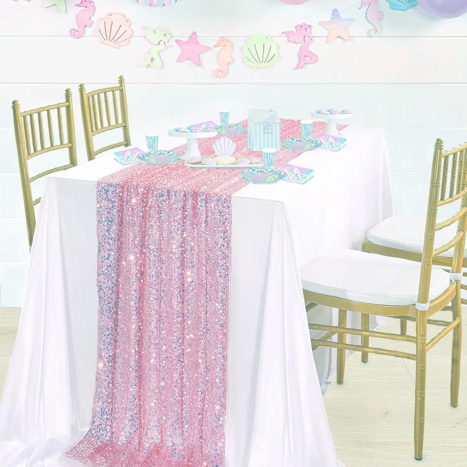 Description Picture 2 of item1pc Glitter Iridescent Sequin Table Runner Soft Dining Table Decoration for Wedding Birthday Party Christmas Hallowmas 30x183cm