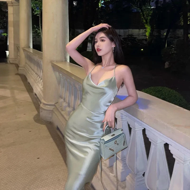 

SLPBELY Retro Sling Slit Dress Summer Sexy Sleeveless Silver Strappy Long Dress Gown Solid V-Neck High Slit Sundress Party Dress