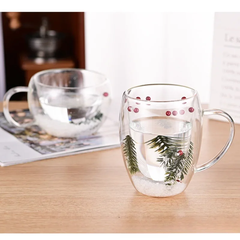 Glass Cup Creative Double Wall Glass Cup Transparent Christmas Coffee Mug with Handle Snow Home Heat Resistant Gift Tea Milk Water Cup glass cup