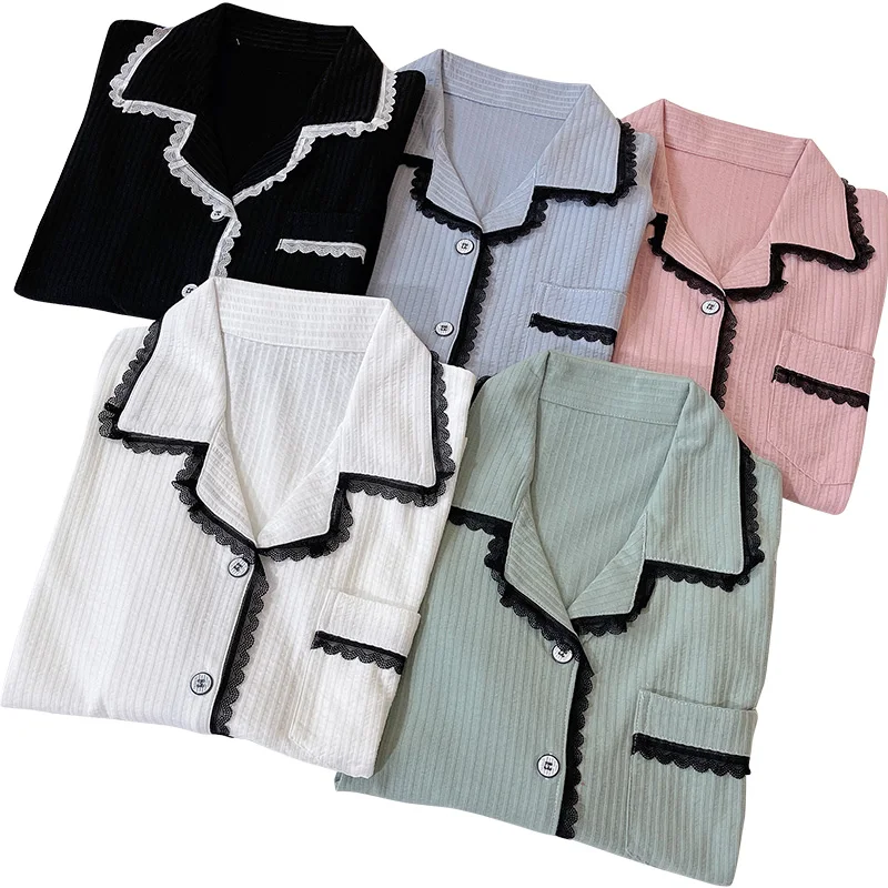 Spring and autumn knitted cotton pajamas women's striped lace cardigan small lapel long-sleeved pajamas women's homewear suit