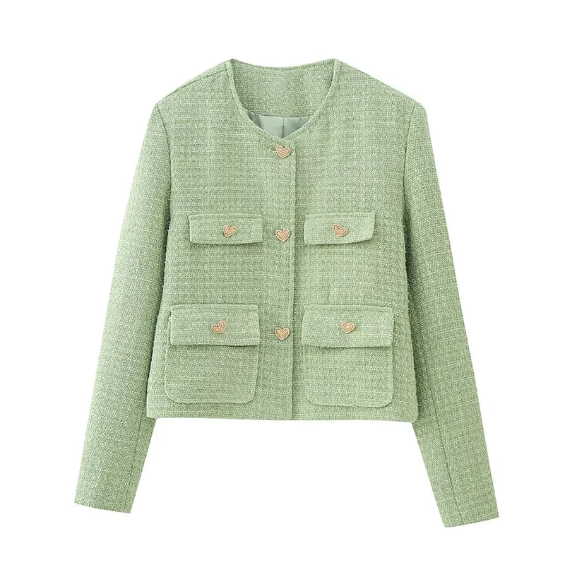 

Elegant Women Long Sleeve O Neck Pockets Tweed Blazer Office Suit Jacket