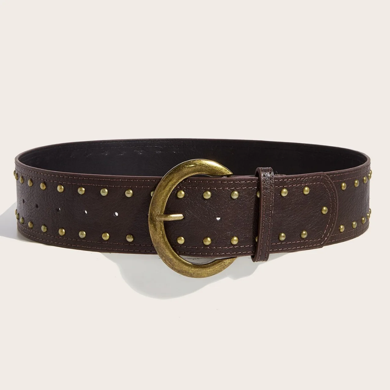 Amerikanischer Streetwear-Nieten-Gürtel für Damen, Vintage-Metallschnalle, Schwarz/Braun, Street-Style-Accessoire – Detail 9