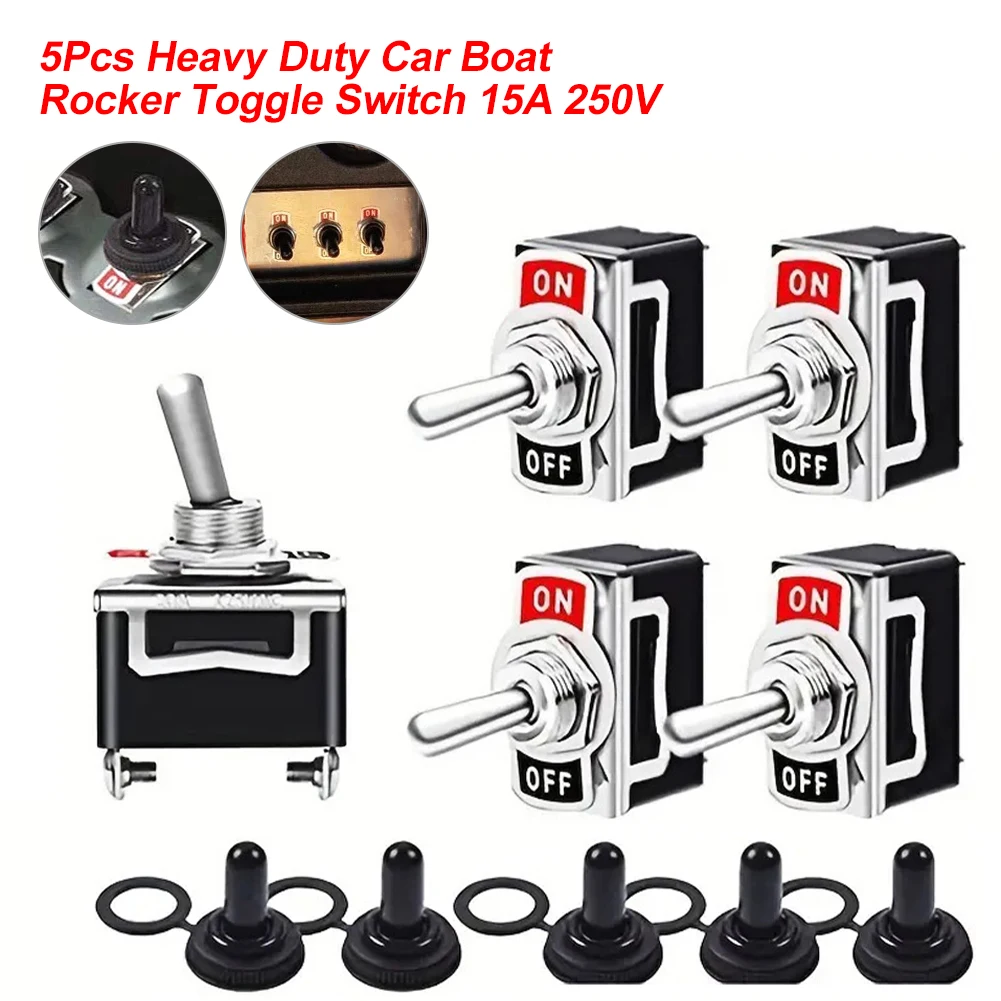 

5Pcs Heavy Duty Toggle Switch 15A 250V 2Pin 2 Position SPST ON/OFF Rocker Switch with Waterproof Boot Cap for Car Boat RV