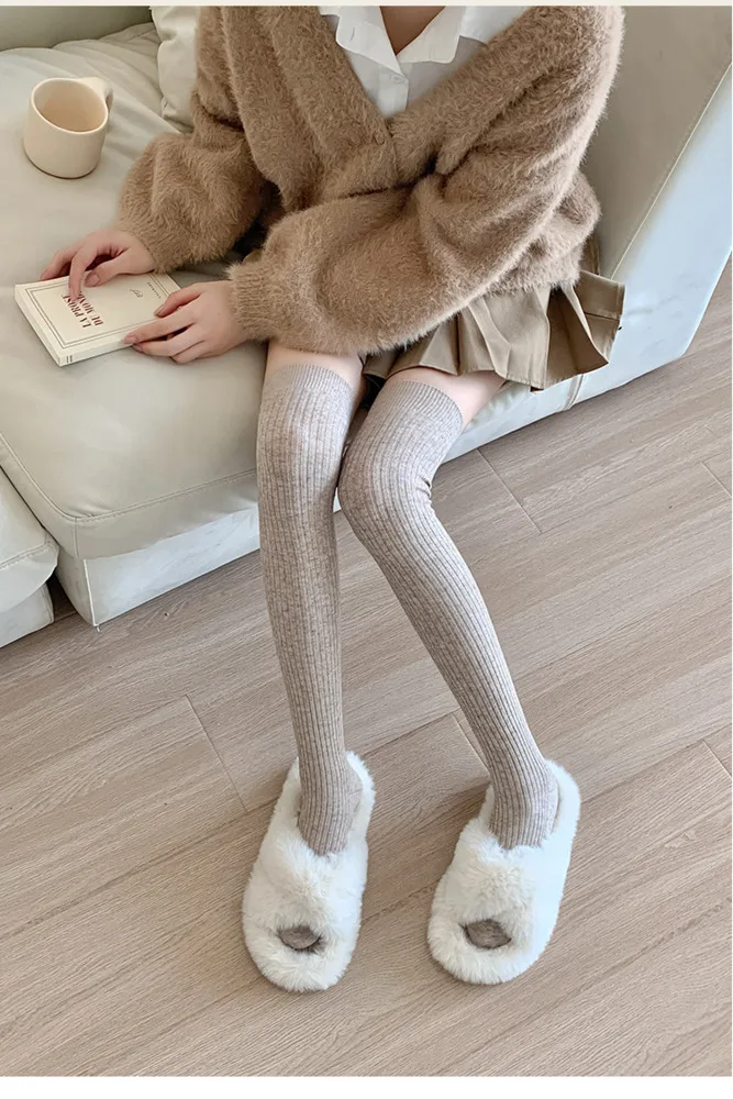 SP&CITY JK Y2K Gestreifte Knie-Wollsocken für Damen, einfarbig, Doppelnadel, dicke Wintersocken, atmungsaktive Baumwolle, hohe Röhrensocke – Detail 1