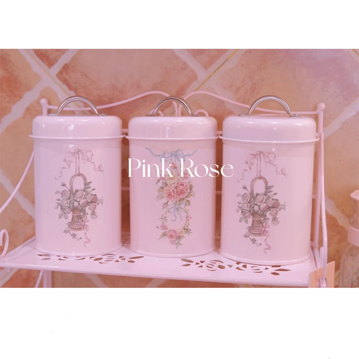 Description Picture 2 of itemCanister Iron Kitchen Tins Tea Coffee Sugar Storage Container Food Storage Boxes Candy Snack Jars Pink Airtight