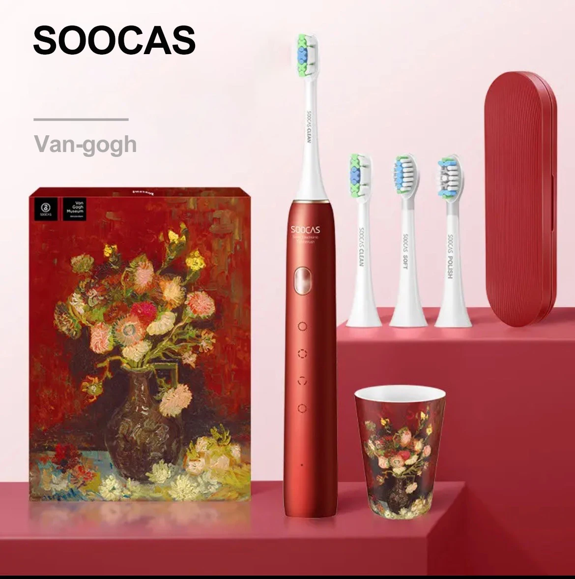 

SOOCAS Van Gogh X3U Electric Toothbrush Red Smart Ultrasonic Sonic Tooth Brush Upgraded Type-C Chargeable Adult IPX7 Waterproof