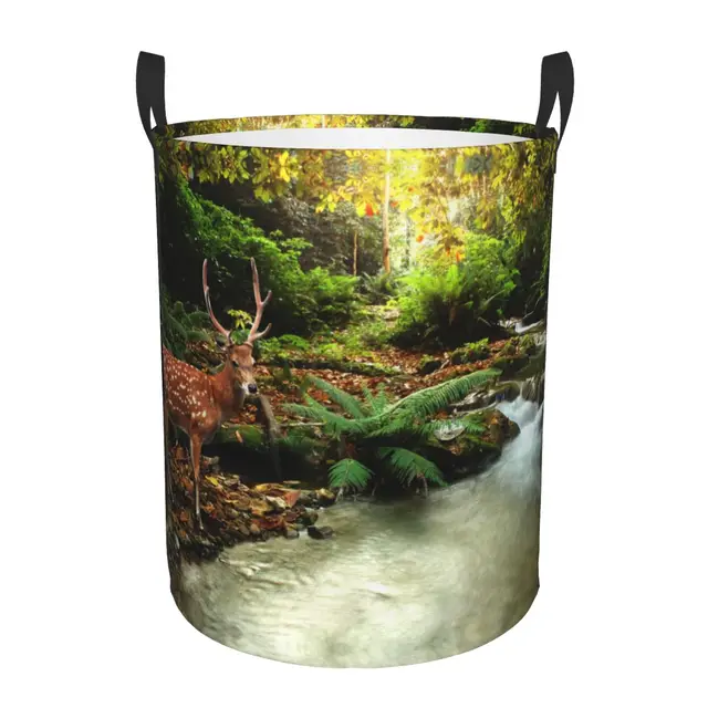 Folding Laundry Basket Tropical Forest Stream Sika Deer Round Storage Bin Large Hamper Collapsible Clothes Toy Bucket Organizer