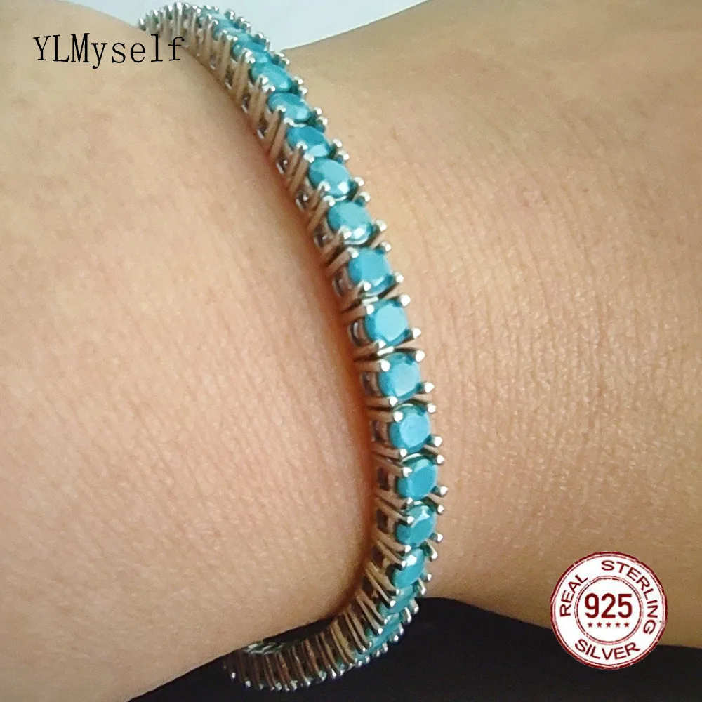 순수 실버 15-21 cm 테니스 팔찌 포장 3 mm 청록색 블루 스톤 아름다운 진짜 925 보석 여성/남성