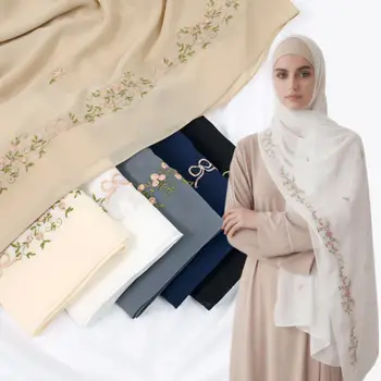 Simple Floral Embroidered Tudung Shawl, Soft Breathable Lightweight Scarf for Muslim Women Daily Wear Headscarf Accessories