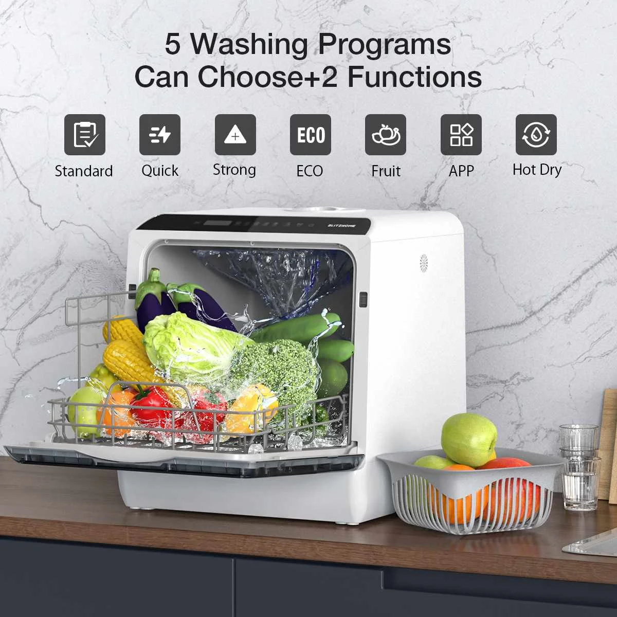 Portable Countertop Dishwashers Blitzhome Compact Dishwashers with 5 L Built-in Water Tank & Inlet Hose 5 Washing Programs 5