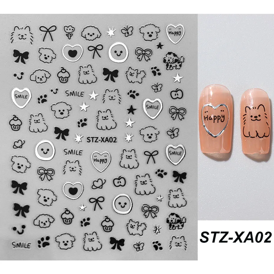 2pcs 3D Cute Silver Smile Dog Decals Y2K Cartoon Cat Footprint Nail Stickers Graffiti Star Heart Bowknot Manicure Slider Decor 3