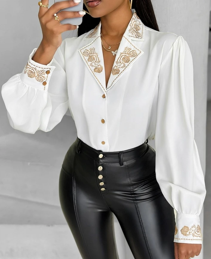 

Женская блузка с вышивкой на пуговицах, элегантная повседневная рубашка с отложным воротником и длинным рукавом, весна-лето 2024