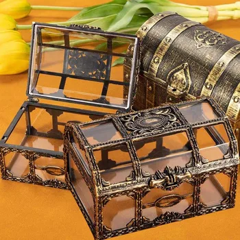 2023 Pirate Gold Coin Box Retro Transparent Pirate Treasure Chest Crystal Gem Jewelry Case Storage Organizer Trinket Keepsake