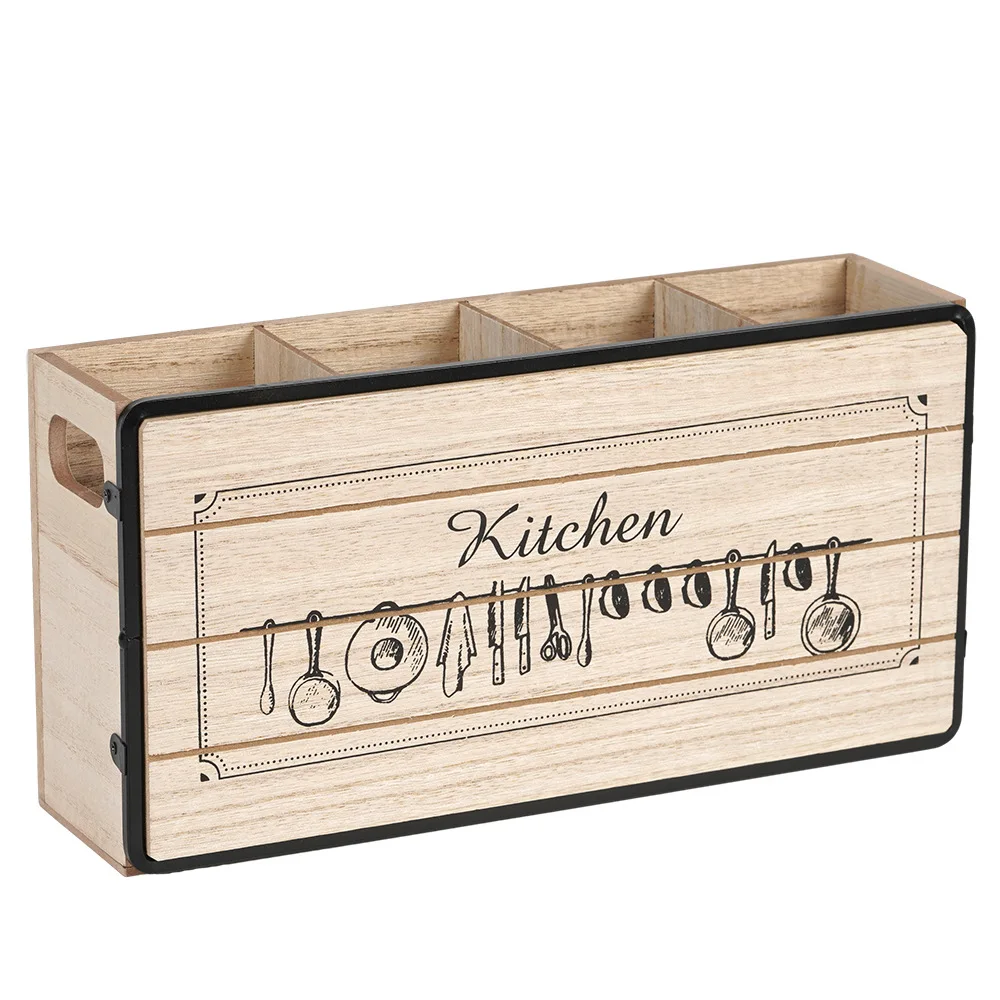 Wooden Kitchen Utensil Organizer Multi-Compartment Desktop Storage Box for Chopsticks Spoons Forks Knives Durable Cutlery Tray