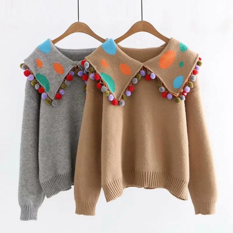 

Sweet and Cute Collar Ball Tassel Lapel Sweater Pullover Ladies Knit Pullover Gray Fashion Navy Wind Pullover 2024 Winter Women