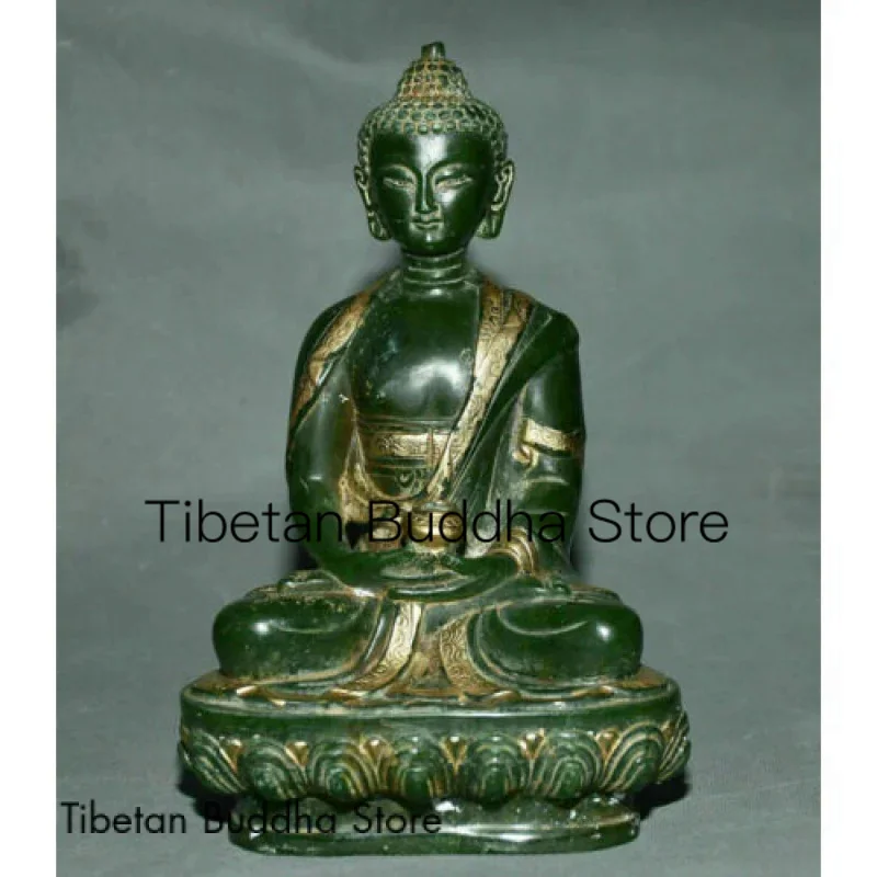 

8" Tibet Old Green Jade Gilt Buddhism Carved Shakyamuni Amitabha Buddha Statue