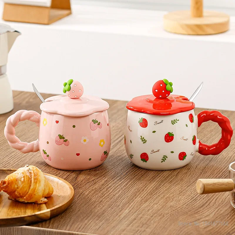 Creative Ceramic Cartoon Strawberry Pattern Milk Cup, with Cover, Chinese Style Home Office Supplies, Handle, Breakfast Mug, 1Pc