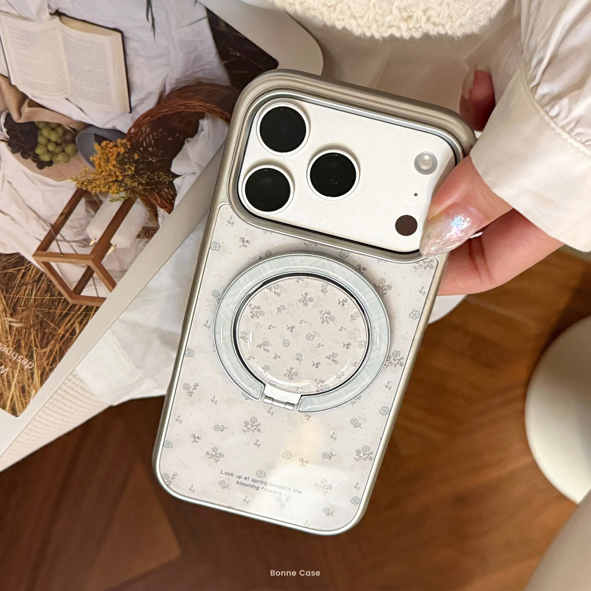 Korean Blue Floral Magnetic Foldable Phone Case - Shockproof Hard Cover