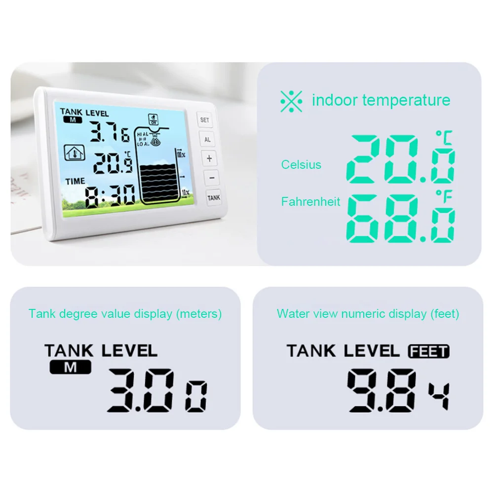Wireless Ultrasonic Water Level Indicator Gauge W/ Temperature Sensor Time Display Ultrasonic Tank Liquid Depth Level Meter