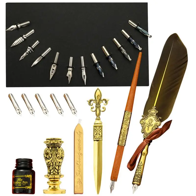 Feather Calligraphy Pen Ink Set Vintage Calligraphy Dip Pen Kit Quill Pen Set Includes Feather Dip Pen Ink Replacement Nibs Wax