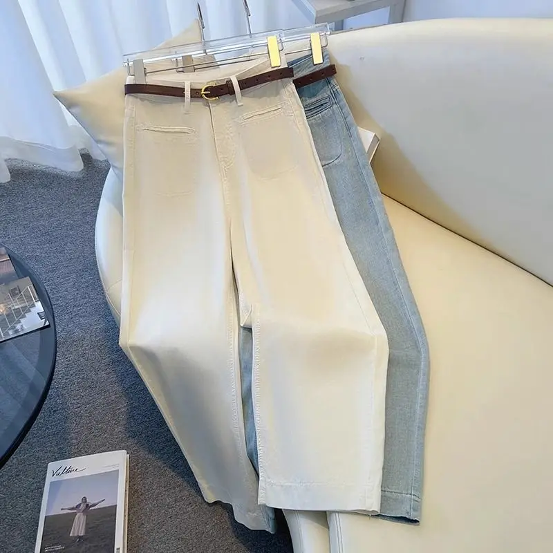 Große, helle Jeans für Damen im Frühjahr 2022, neuer heißer Stil, kleine, lockere, gerade Hose mit weitem Bein und neun Punkten – Detail 1