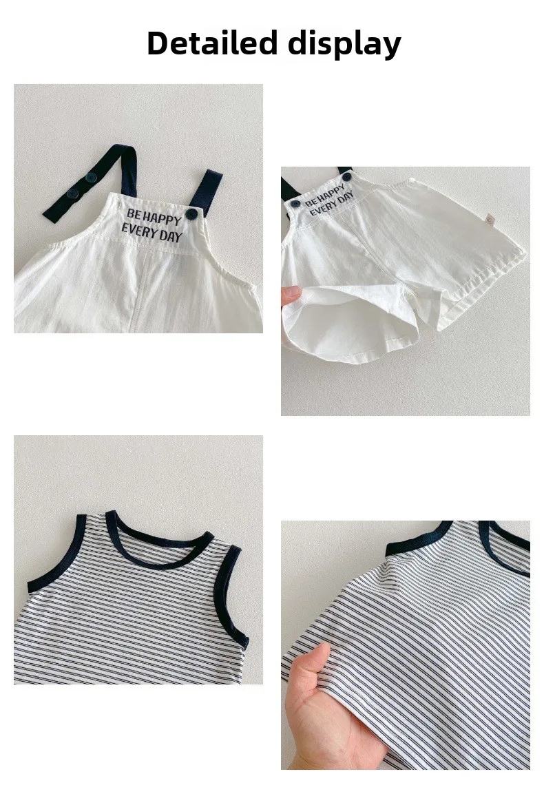 Description Picture 4 of itemChildren's vest set Korean version letter embroidered overalls summer new striped sleeveless top outdoor two-piece set