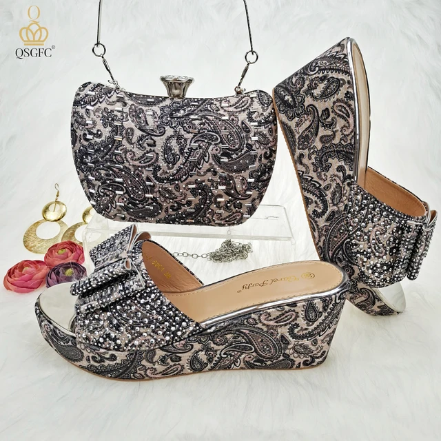 QSGFC Exquisite And Beautiful Blue Color Paisley Pattern Comfortable And  Elegant Ladies Medium Heel Sandals Shoes Bag Set