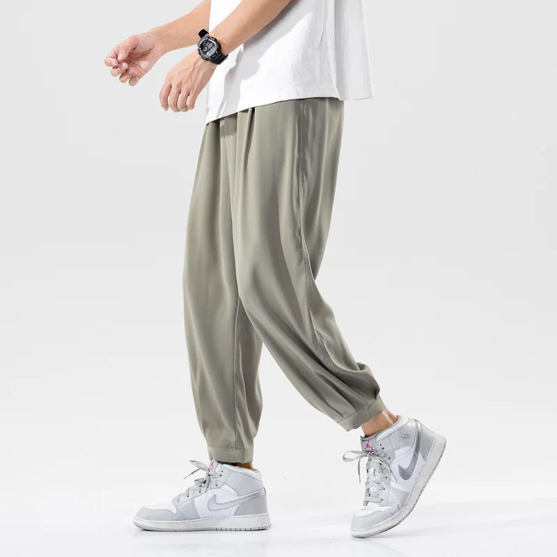 Summer Solid Color Grandma's Pants Men Ice Shreds Korean Trend Casual Loose Popularity Comfortable Affordable All-match Trousers