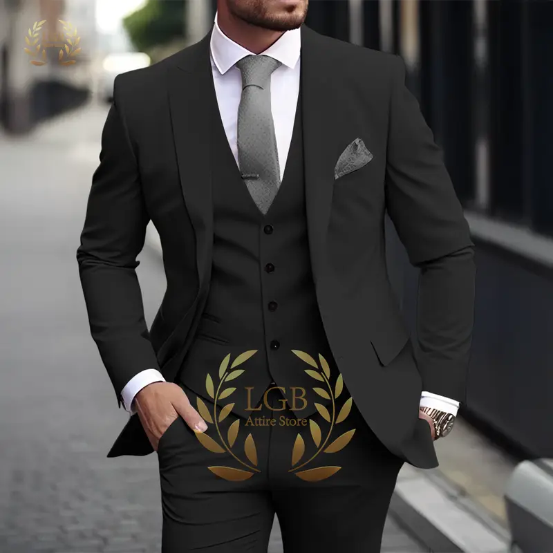 Men's Khaki 3-Piece Suit Classic Peak Lapel Business Formal Wedding Groom Slim Fit Elegant Gentleman Style Fashion Blazer - Image 20