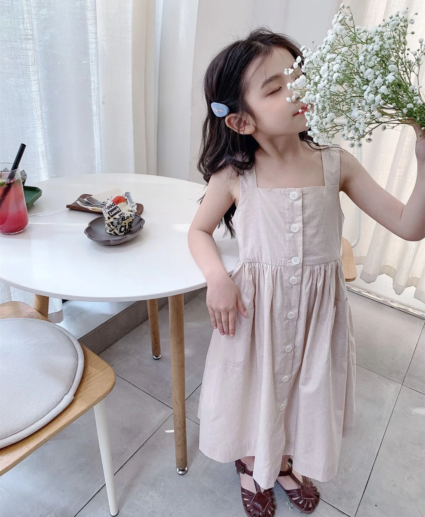 

baby girls dress French style sweet small plaid pattern sleeveless suspender dress