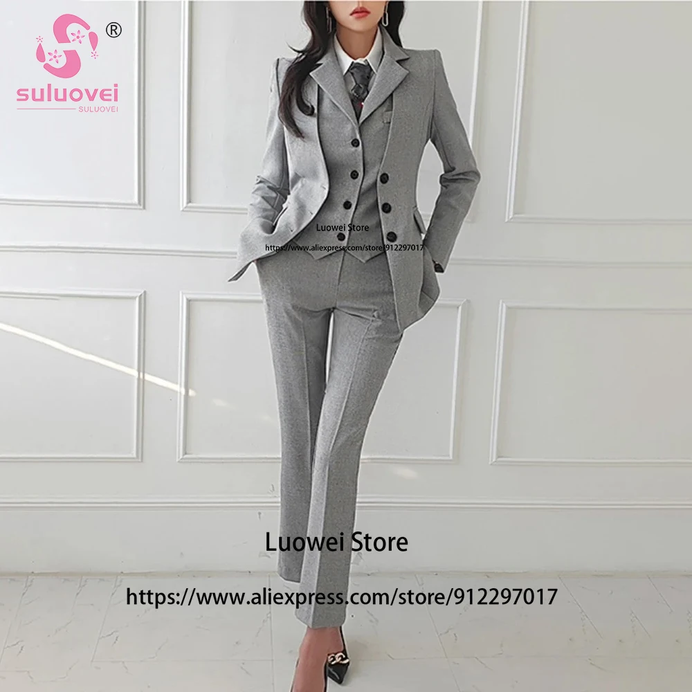 Fashion Outfits Suit For Women Elegant 3 Pcs Straight Pants Set Business Blazer Female Chic Commuter Wear Conjuntos De Pantalone