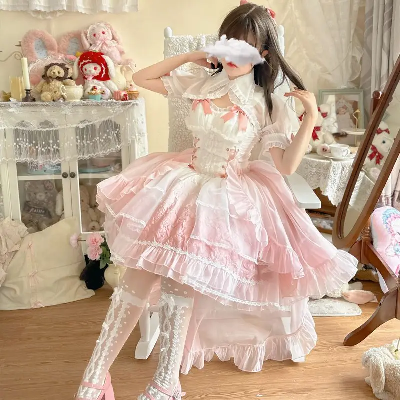 Japanse Vintage Sweet Lolita Jurk Vrouwen Elegante Schattige Strik Bandage Prinses Feest Mini Jurken Meisjes Kawaii Bloem Trouwjurk