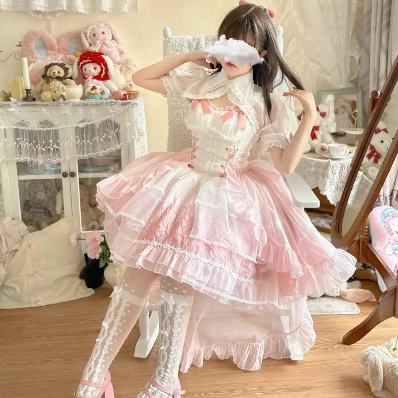 

Japanese Vintage Sweet Lolita Dress Women Elegant Cute Bow Bandage Princess Party Mini Dresses Girls Kawaii Flower Wedding Dress