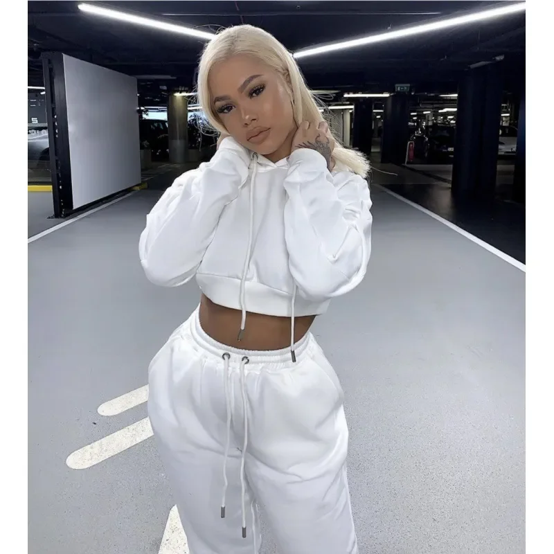 

Autumn Winter Women's 2 Piece Set Fleece Thicken Warm Tracksuit Hooded Crop Sweatshirt & Pants Solid Causal Outfits Sportswear