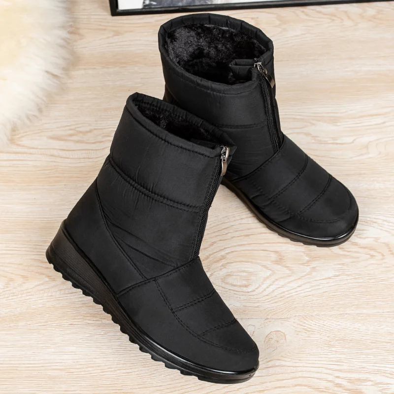 

Водонепроницаемые зимние ботинки для женщин, Зимние теплые плюшевые ботильоны на молнии спереди, нескользящая обувь с хлопковой подкладкой для женщин, размер 44