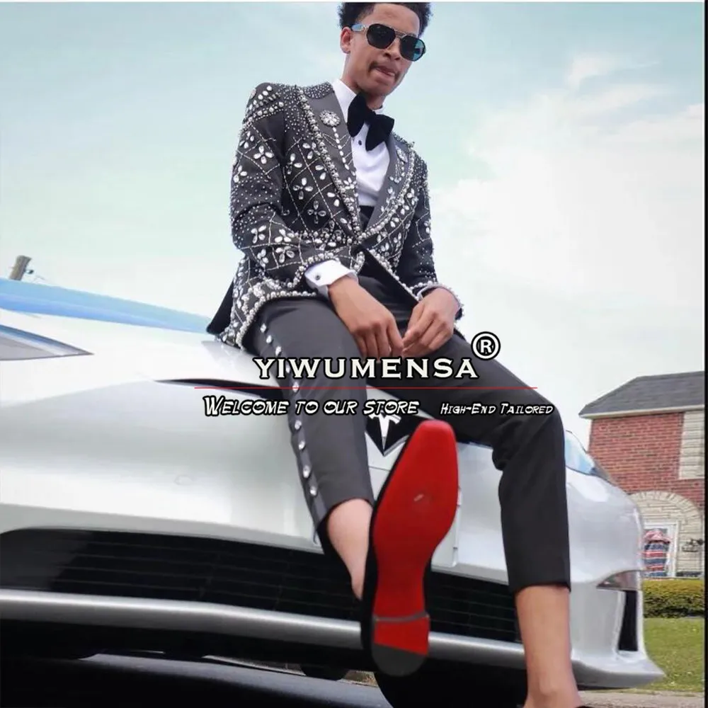 Exquisite Diamond Beaded Suits Men Single Breasted Prom Blazers Customized 2 Pieces Groom Wear Wedding Tuxedos terno masculino 4