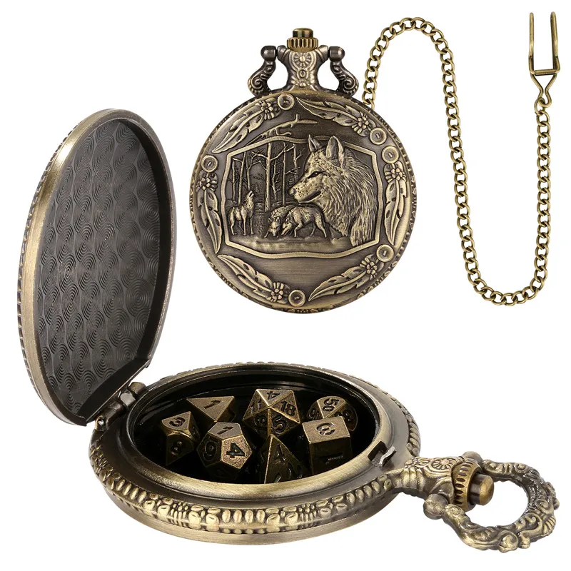 Pocket Watch Chain Creative Pendant Wolf Pocket Watch Case with Pendant Chain 7pcs/set Metal Polyhedral Dice for Dragon Role Play Gaming Dices