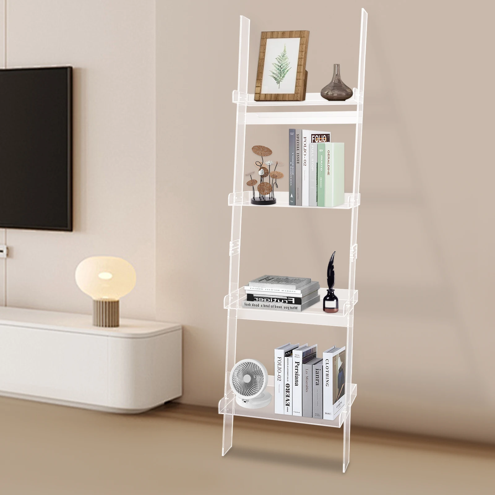 4-Tier Leaning Book Shelf Acrylic Ladder Bookshelf 20.47*72in