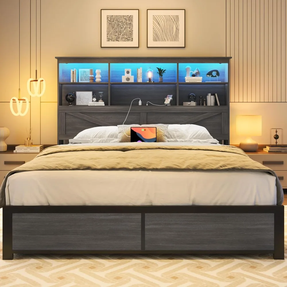 Queen Bed Frame with Headboard, Queen Bed Frame with High Storage Bookcase, 4 Storage Drawers & LED & Charging Station 2