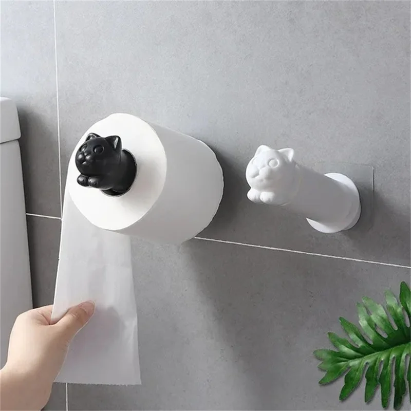 Creative Cat Towel Rack Wallmounted Retractable Roll Holder Sticky