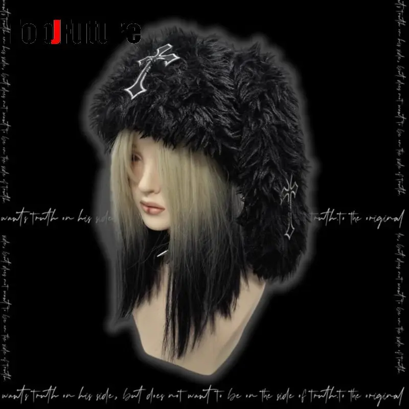 Women Japanese Harajuku Y2K Long Rabbit Ear Hat Gothic fluffy cross Winter Warm Bunny Ear Caps winter hat fashion hat