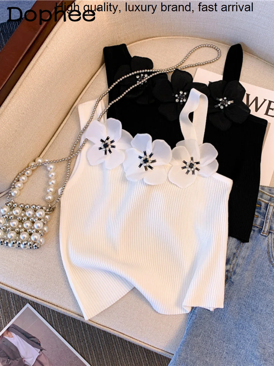

Flowers Sweet Tridimensional Irregular Black Knitted Camisole Vest Women's 2023 Spring Summer New Slim Fit Outer Wear Crop Top