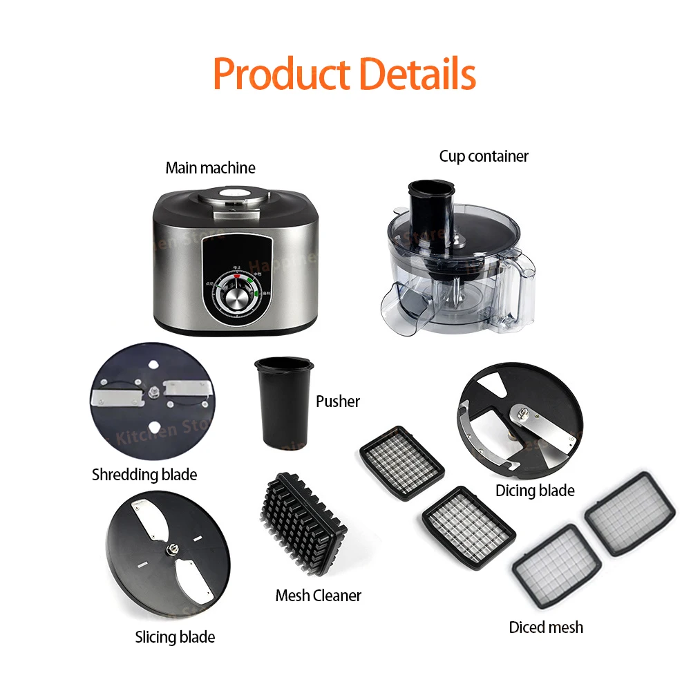 Commercial Electric Vegetable Slicer 3 Functions Fruit Cutter Pieces or Dicing Cutter Stainless Steel Blade Food Processor