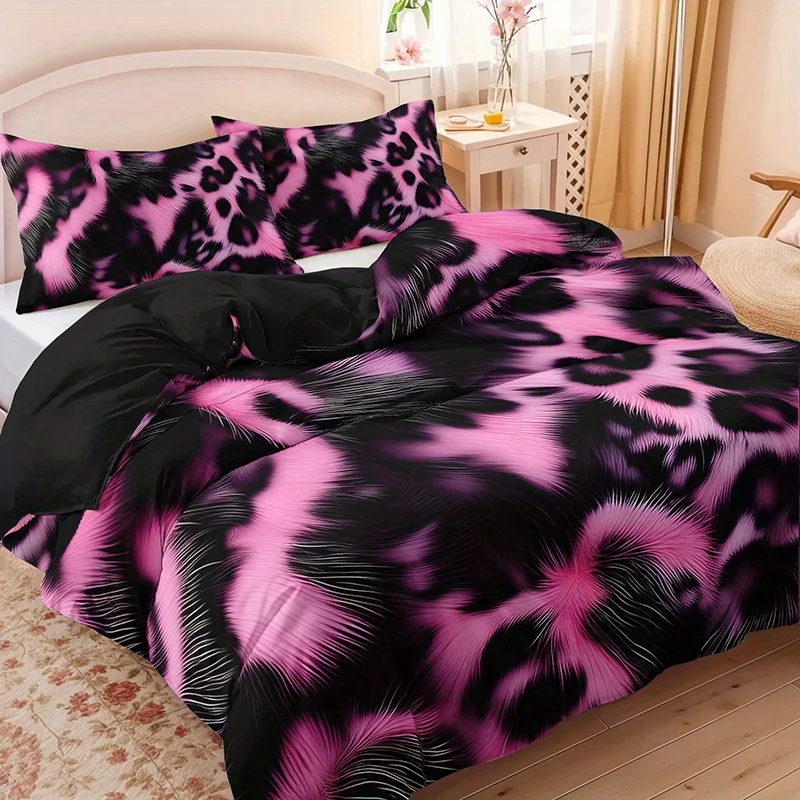 2/3Pcs Pink Leopard Print Duvet Cover Set, HD Print Soft Breathable Light Beige Bedding with Pillowcases, All Season Home Dorm