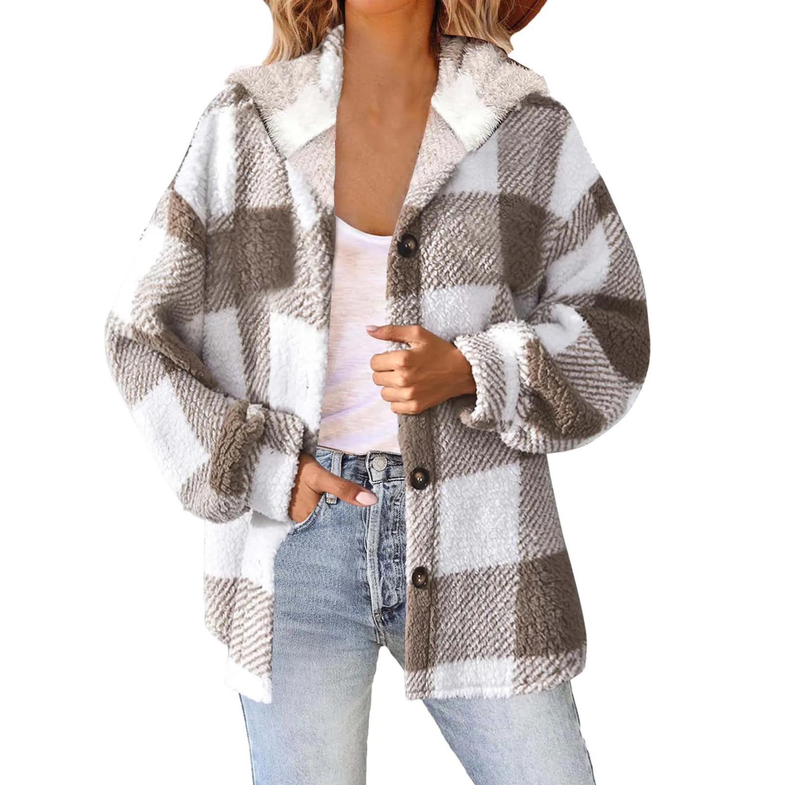 Women Plaid Fleece Hooded Sweatshirt Coat