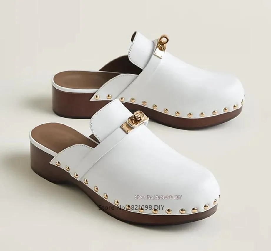 

Plain Toe Casual Style Plain Leather Mules Clog Shoes Wood Sole and Metal Buckle Studs Women High Heel Shoes