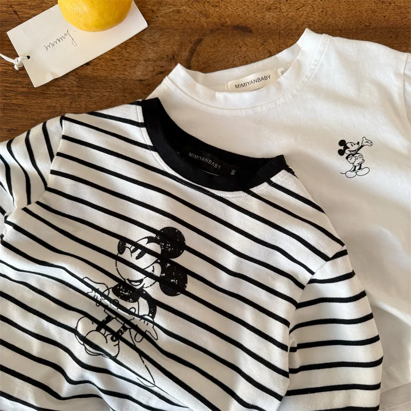 Kids Long-sleeved Shirts for Spring Casual Stripe Tops For Boys Girls Mickey Print Round Neck Base Shirt Baby Cute Fashion Top