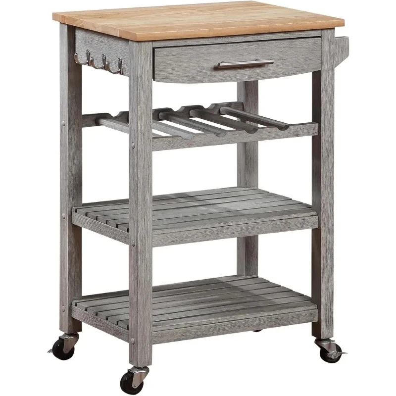 4 Tier Butcher Block Kitchen Cart with Drawer and Wine Rack