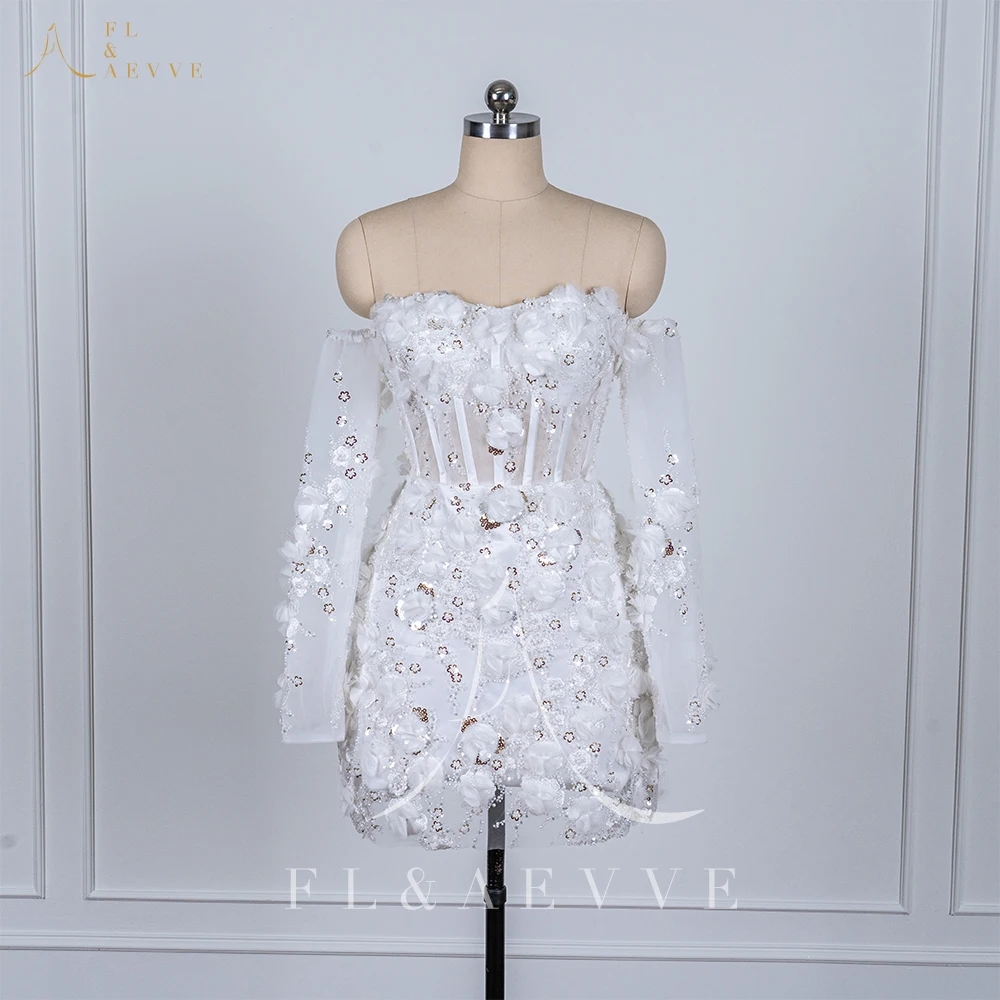 Luxury Beaded Short Wedding Dresses Saudi Arabia Lace Floral Appliques Long Sleeves Bridal Gown Mini Prom Party Dress Customized 5